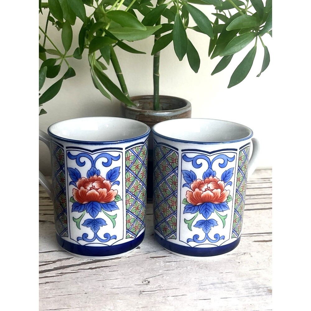 Vintage White Lotus Asian Style Ornate Floral Design Stoneware Mugs (Set Of 2)